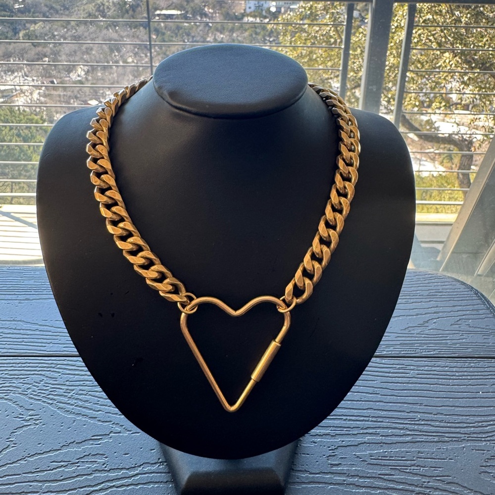 Chunky Brass Curb Chain w/ Vintage Heart Carabiner Necklace